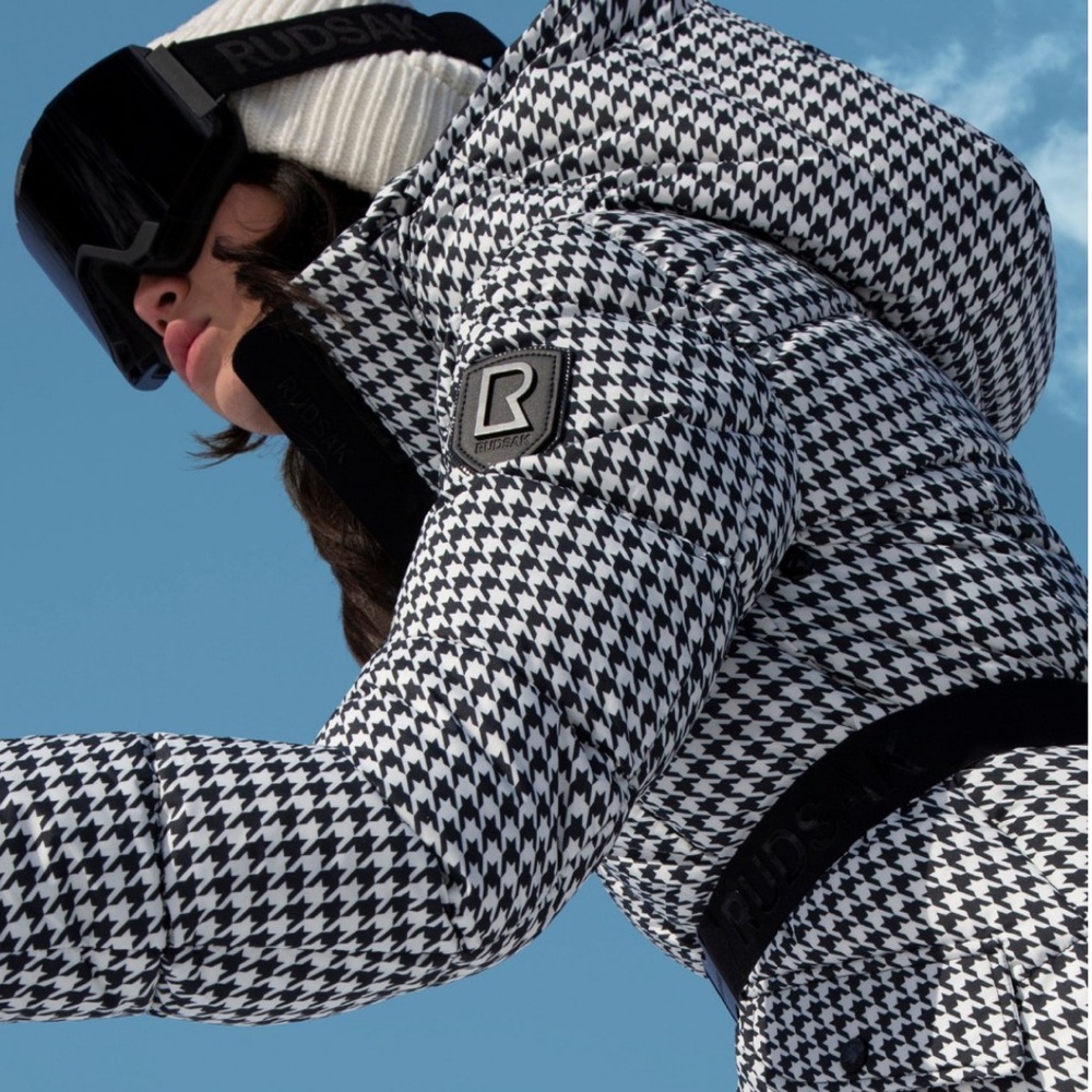 RUDSAK Black and White Houndstooth Down filled Leather Accents Puffer Jacket